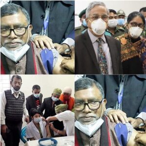 টিকা নিচ্ছেন স্বাস্থ্য মন্ত্রী জাহিদ মালেক, মাঝে সস্ত্রীক প্রধান বিচারপতি সৈয়দ মাহমুদ হোসেন, নিচে রাজশাহীতে টিকা নিচ্ছেন এক চিকিৎসক