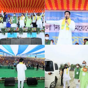 কোচবিহার জেলার গোসানীমারির ফুটবল খেলার মাঠে নিজের জনসভার মঞ্চে উঠে বক্তব্য রাখেন অভিষেক বন্দ্যোপাধ্যায়