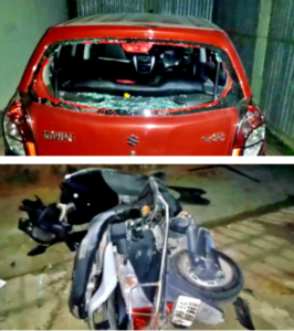 বিক্ষুব্ধ গ্ৰাহকরা রেশন ডিলারের বাড়ির দরজা, জানলা, চারচাকার গাড়ি এবং স্কুটির উপরে হামলা চালায় বলে অভিযোগ
